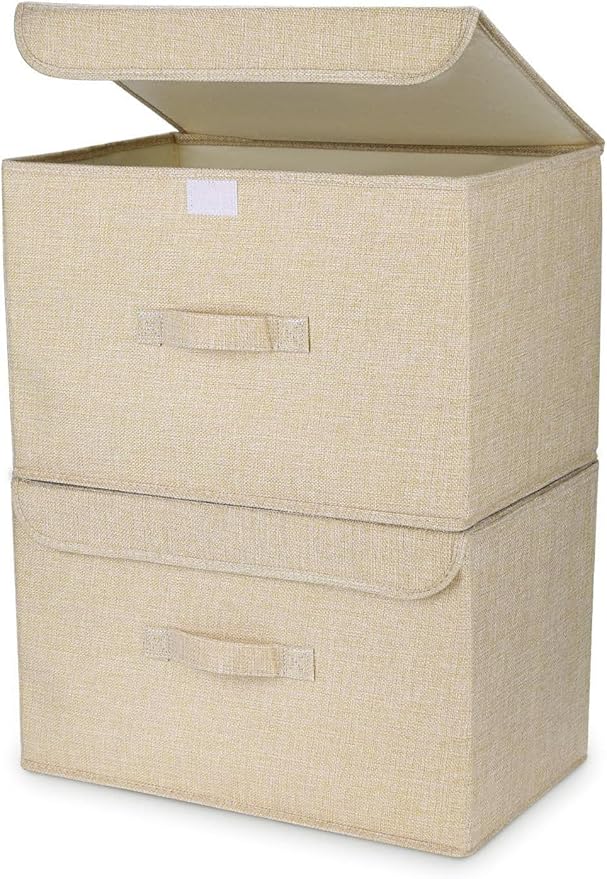 Collapsible Storage Box with Lid, Pack of 2, Wardrobe Organiser Boxes with Handle Large Linen Fabric Baskets for Shelves, Bedroom, Office, Clothes, Beige Yellow