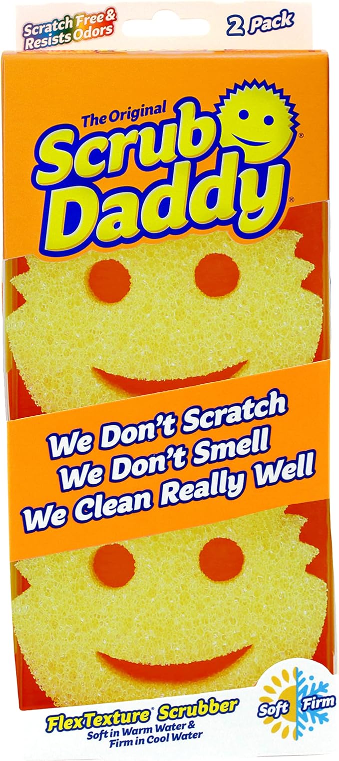 Scrub Daddy Original Dish Sponge Twin Pack, Kitchen Sponges for Cleaning & Dishwashing, Washing Up Sponges Multipack, Non Scratch Sponge Scourers with FlexTexture, Bathroom & Kitchen Scrubber, Yellow