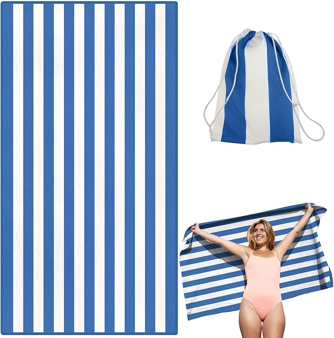 Victoper Microfiber Beach Towel Oversized Rapid Drying Sand Free Soft Compact Lightweight Qualities Beach Towels for Adults Ideal for Swimming Beach Yoga Camping Gym Carry Bag Blue Stripes 63x32 Inch