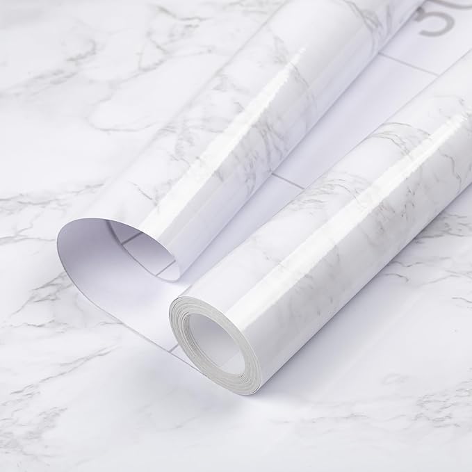 Hode White Marble Effect Vinyl Wrap, Sticky Back Plastic Roll, Peel and Stick Self Adhesive Wallpaper, Kitchen Cupboards Counter Furniture Worktop Vinyl Covering 40cmx3m (with Scraper, Knife)