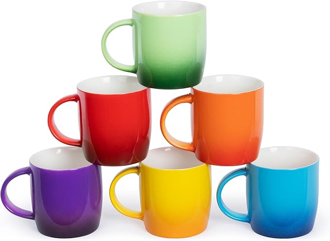 Stoneware Coffee Mugs Set of 6 - Durable & Large Capacity Ceramic Ombre Coffee Cups - Dishwasher & Microwave Safe - Colourful Gradient Ceramic Coffee & Tea Cup (325ml)