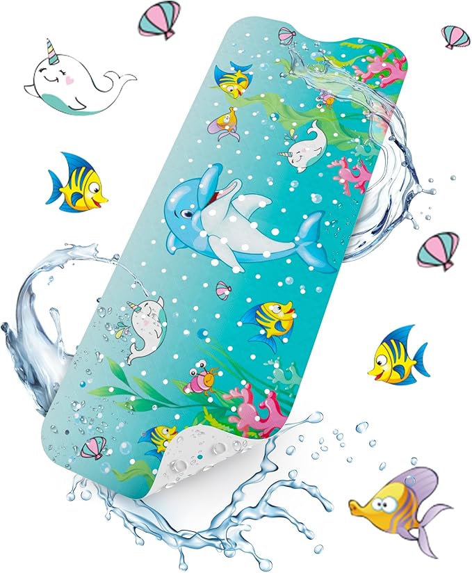 HITSLAM Baby Bath Mat Non Slip, Bathtub Mat Non Slip, 101 x 40cm Extra Long Bath Tub Mat for Kids, Bathroom Shower Mat with Suction Cups and Drain Holes, Soft on Feet, Machine Washable, Dolphin