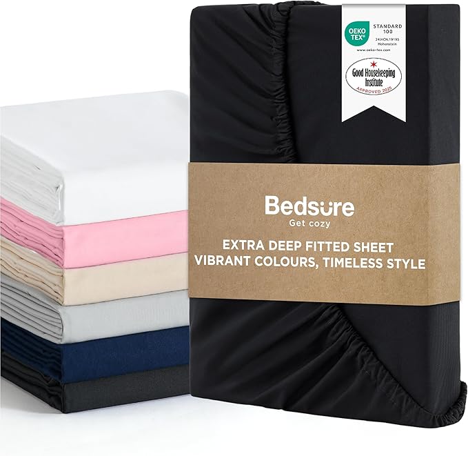 Bedsure Double Fitted Sheet Deep - Bed Sheets Extra Deep Pocket 16 inch (40 cm) made of Soft Brushed Microfiber for Double Bed, Black, 135x190cm
