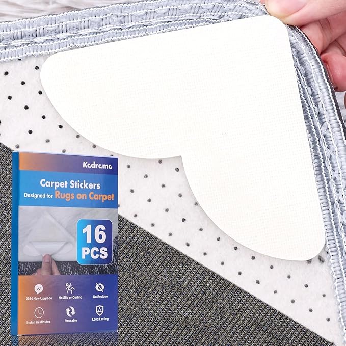 16 Pack Rug Grippers from Rug to Carpet, Rug to Carpet Grippers for Rugs on Top of Carpet, Carpet to Carpet Gripper Stop Rug Moving On Carpet,Anti Slip Rug Grips Tape Underlay