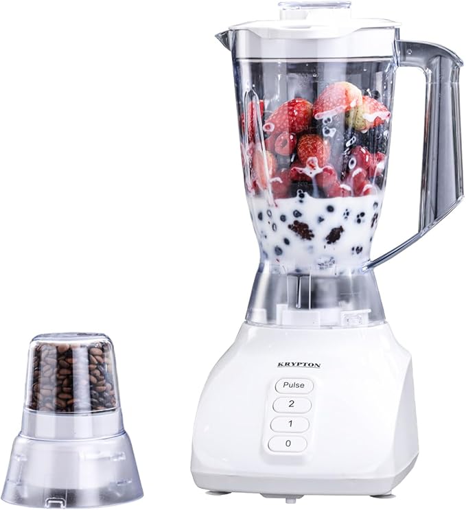 Krypton 2 in 1 Food Jug Blender | 1.6L Electric Blender Smoothie Maker Jar & 50g Mini Coffee Spice Mill | Stainless-Steel Blades with 2 Speed & Pulse Option | Overheat Protection | 650W, White
