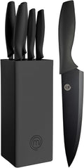 MasterChef Knife Set with Block, 5 Kitchen Knives with Sharp Stainless Steel Blades (Chef, Paring, Utility, Carving, Bread) Soft Touch Easy Grip Handles & Universal Knife Holder, Essential Black