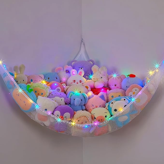 MHJY Toy Hammock for Stuffed Animals Soft Toy Storage Net with LED Light, Cuddly Toys Organizer Holder Large Corner Hanging Net Plush Macrame Kids Bedroom Nursery Furniture Room Decor