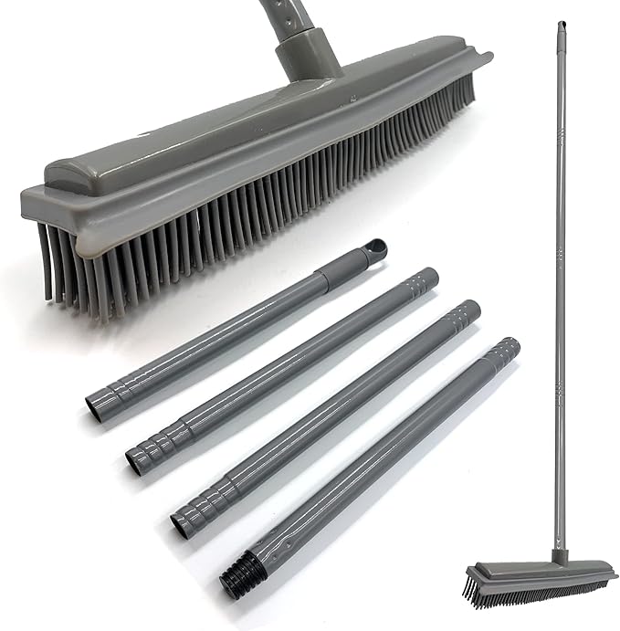 Rubber Broom with 120cm Multi-Section Metal Handle, 31cm Wide Rubber Brush Head with Built-in Squeegee − Soft Broom Indoor, Carpet Sweeper, Spill Cleaner, and Pet Hair Remover