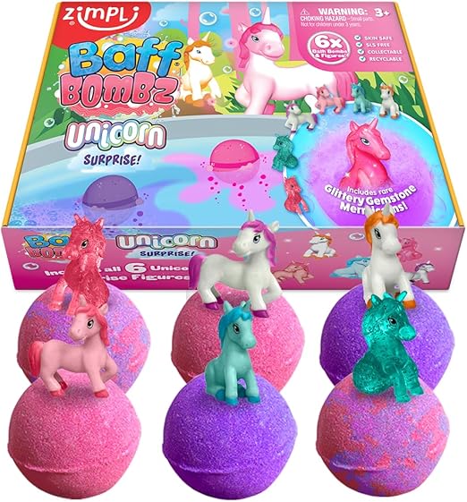 ZIMPLI - 6 x Large Unicorn Surprise Bath Bombs, 6 Surprise Unicorn Toys Included, Bath Toys for Girls, Bubble Baff Bomb Gift Set, Xmas Gift