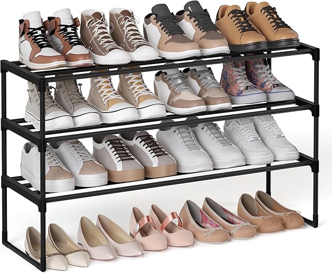 SONGMICS 3-Tier Shoe Rack, Shoe Storage Organiser, Metal Storage Rack, Upright or Upside Down, Fits 16 to 20 Pairs, Stackable, for Hallway, 30 x 92 x 55 cm, Black LSA303B02