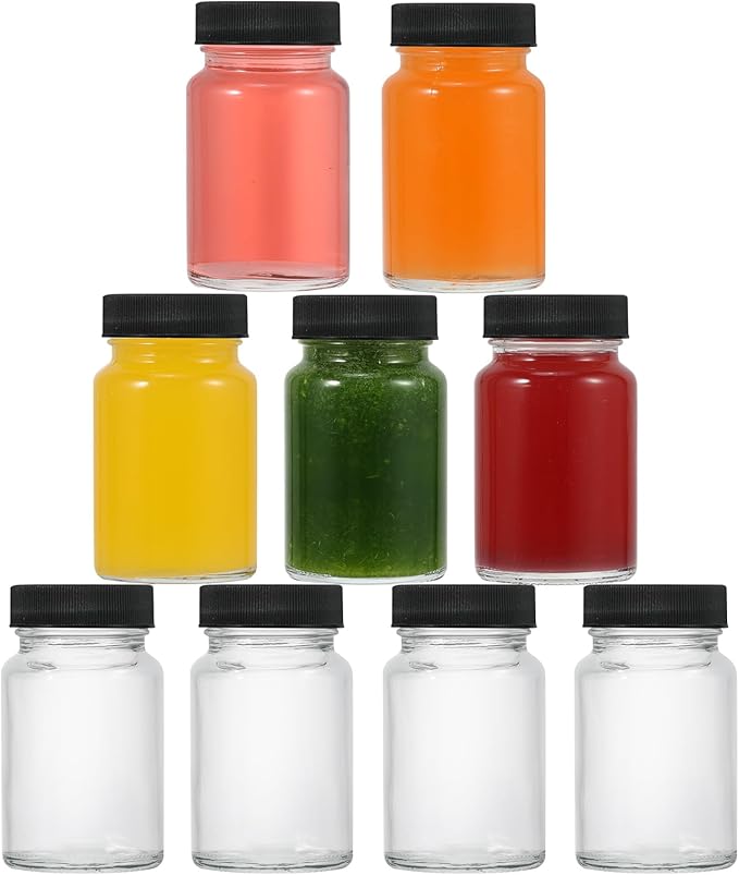 Clear Mini Glass Bottles 60ml (2oz) - 9pcs Wide Mouth Reusable Containers with Lids for Juice, Ginger Shots - Leakproof, Dishwasher and Freezer Safe
