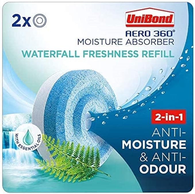UniBond AERO 360° Moisture Absorber Waterfall Freshness Refill Tab, Aromatherapy, Ultra-Absorbent and Odour-Neutralising, for AERO 360° Dehumidifier, Condensation Absorbers, Twin Pack (2 x 450g)