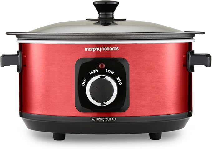 Morphy Richards Accents 3.5L Sear & Stew Slow Cooker, Shatter Resistant Non Stick Aluminium Pot, Single Pot Cooking, Compact, 3 Heat Settings, Hob Proof, Glass Lid, Easy Clean, 163W, Red, 460026