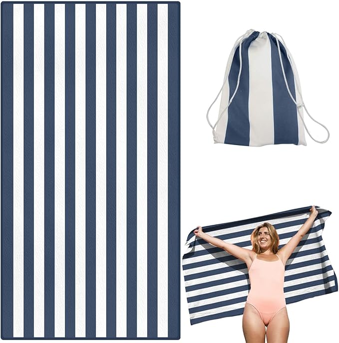 Microfiber Beach Towel Oversized Rapid Drying Sand Free Soft Compact Lightweight Qualities Beach Towels for Adults Ideal for Swimming Beach Yoga Camping Gym Carry Bag Deep Blue Stripes 63x32 Inch