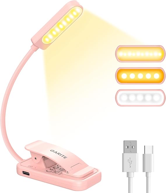 Book Light, 10 LED Dimmable Reading Light Clip on Book, Long Life Battery, Rechargeable Clip on Reading Light with 3 Brightness Modes (Warm&White&Mixed) for Reading, Bedside, Travel, Tablet[Energy Class E]