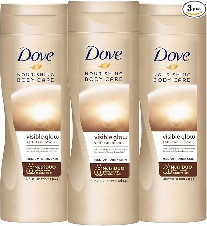 3 Pack Dove Visible Glow Self Tan Lotion Medium to Dark for Gradual Skin Tone, 400ml