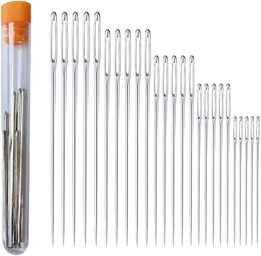 Stainless Steel Sharp Point 25 Pieces Sewing Needles, Large Eye, Hand Sewing, Knitting, Crochet, Leather, Handbags, Wallets, Belts, Jeans, 5 Sizes