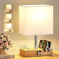 Bedside Lamps, Wooden Table Lamp for Living Room with USB A+C Charging Ports, Dimmable Touch Lamps Bedside with 2 Phone Slots, Wood Charger Organizer for Bedroom, Study, Office(Bulb Included)