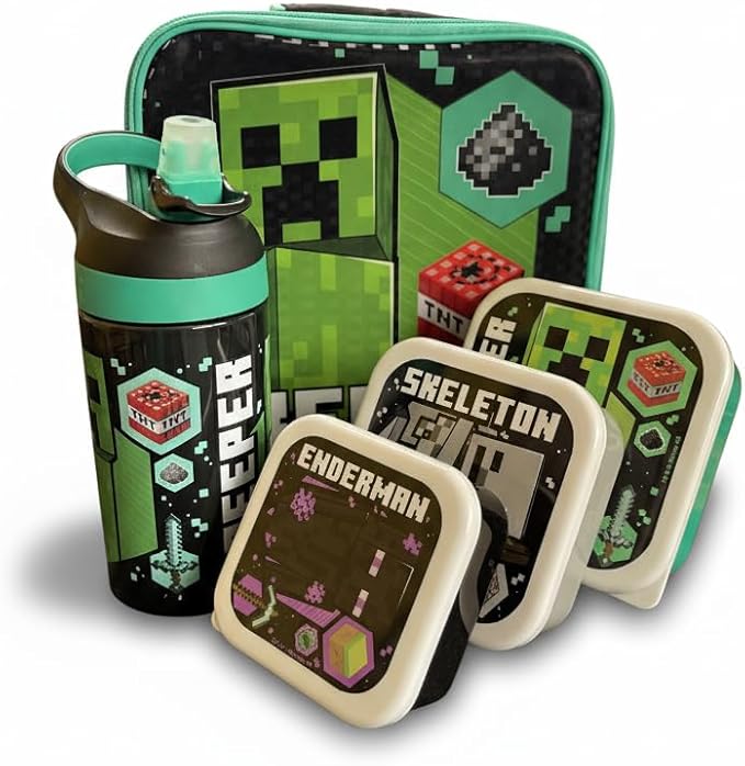 Minecraft 5 Piece Lunch Set Kids School Lunch Bag, 450ml Lockable Water Bottle, 3 Nesting Snack Boxes Featuring Creeper, Skeleton, Enderman - Gift for Minecraft Fans