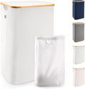 LONBET 100L Laundry Basket with Lid and Sturdy Bamboo Frame - Aesthetic Laundry Hamper with Side Handles and Made from Breathable Fabric - Laundry Bin with Removable Bag, Clothes Basket Light Grey