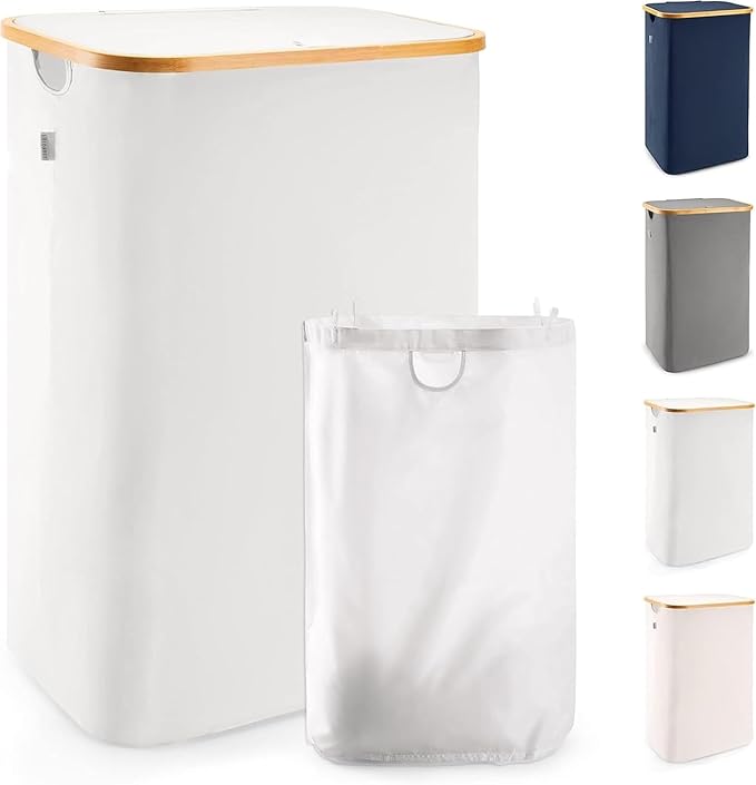 LONBET 100L Laundry Basket with Lid and Sturdy Bamboo Frame - Aesthetic Laundry Hamper with Side Handles and Made from Breathable Fabric - Laundry Bin with Removable Bag, Clothes Basket Light Grey