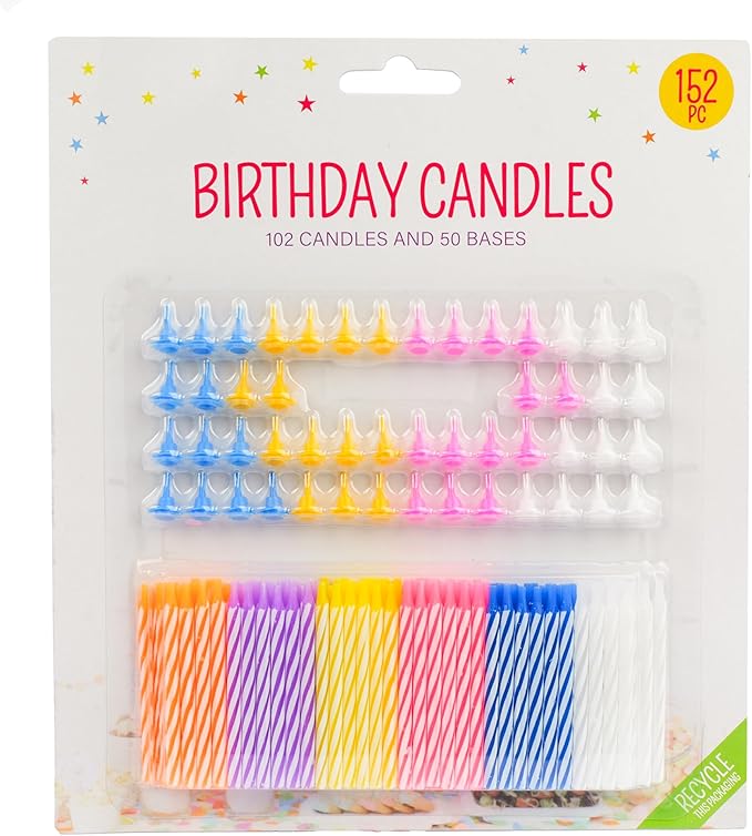 152pcs Decorative Birthday Cake Celebration Candles Set with Easy to Use Holders, Angel Flames, Assorted Striped Spiral Multi Coloured Birthday Party Candles, 102 Candles and 50 Bases
