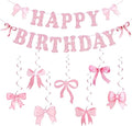 Pink Birthday Party Decorations Set with Pre-Strung Happy Birthday Banner, Bow Banner, Hanging Swirls for Women Party Backdrop