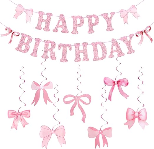 Pink Birthday Party Decorations Set with Pre-Strung Happy Birthday Banner, Bow Banner, Hanging Swirls for Women Party Backdrop
