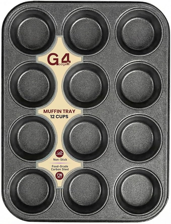 G4GADGET Nonstick 12 Cup Muffin Tray - Dishwasher Safe, Premium Bakeware for Muffins & Cupcakes, Heat Resistant, Stain-Resistant, Oven-Safe up to 450°F, Black