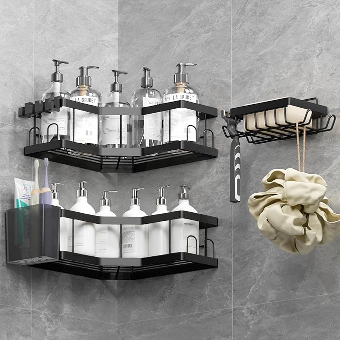 AceMining Shower Caddy, 4 Pack Black (SM+2) Bathroom Shelves, Adhesive Shelf Storage No Drilling, Carbon Steel Shower Organiser, Rust-Resistant Caddy Corner, Soap Holder, Bathroom Accessory