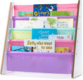 LIVIVO Colorful Kids Bookshelf - 4 Tier Children's Bookcase, Magazine and Book Storage Rack, Wooden Sling Book Organizer, Book Shelf for Kids Room, Bedroom, Nursery, Playroom (Pinks)