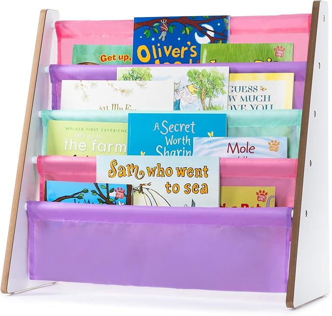LIVIVO Colorful Kids Bookshelf - 4 Tier Children's Bookcase, Magazine and Book Storage Rack, Wooden Sling Book Organizer, Book Shelf for Kids Room, Bedroom, Nursery, Playroom (Pinks)