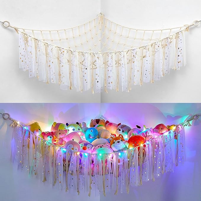 MHJY Toy Hammock Stuffed Animals Storage Net Soft Cuddly Toys Large Corner Hanging Net With LED Light Hand Woven Plush Macrame Organizer with Tassel for Kids Bedroom Nursery