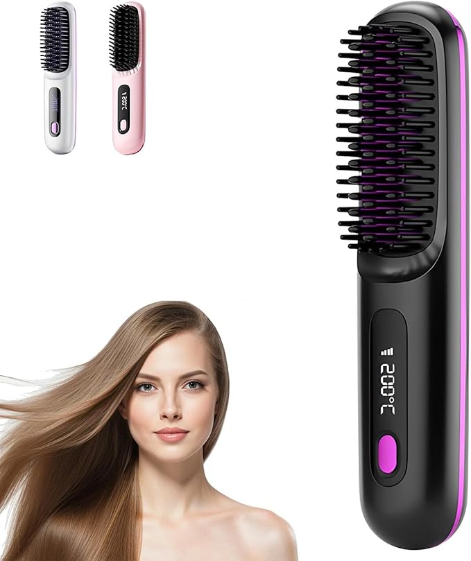 Go Brush Pro,Cordless Hair Straightener Brush,Portable Straightener Brushs for Hairs Styling,Rechargeable Heated Styling Brushes for Travel &Daily,Hair-Friendly & Long-Lasting Design (Black)