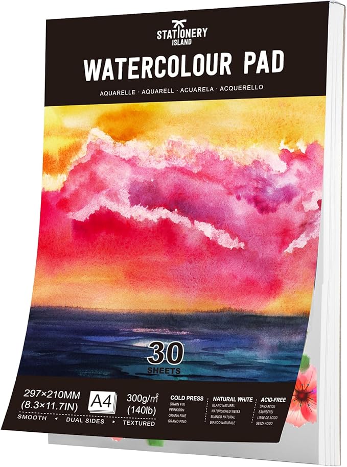 STATIONERY ISLAND Watercolour Paper A4 Pad, 30 Sheets Water Colour Paper 300gsm, Glue Bound, Cold-Pressed Texture, Watercolour Sketchbook for Painting, Drawing, Sketching and Mixed Media