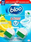 New - Bloo 3in1 Toilet Blocks, Pack of 2, Limescale Remover Cistern Block, Cleaner Block with Cleaning and Foaming Action, Fresheners – Lemon