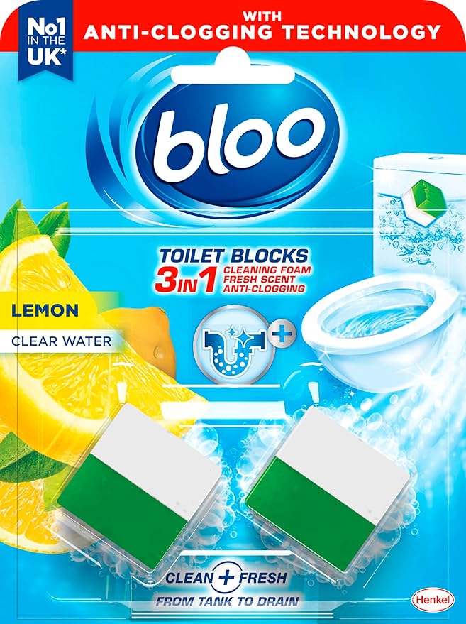 New - Bloo 3in1 Toilet Blocks, Pack of 2, Limescale Remover Cistern Block, Cleaner Block with Cleaning and Foaming Action, Fresheners – Lemon
