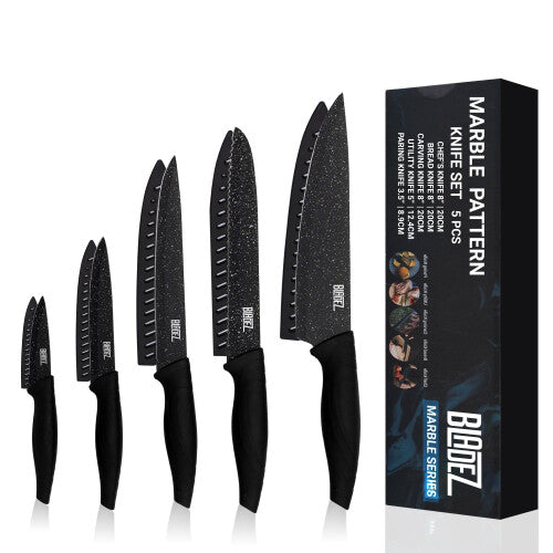 Bladez KS-101 5-Piece Stainless Steel Kitchen Knife Set - Ultra Sharp Blades, Soft Handles, Chef, Bread, Carving, Utility and Paring Knives
