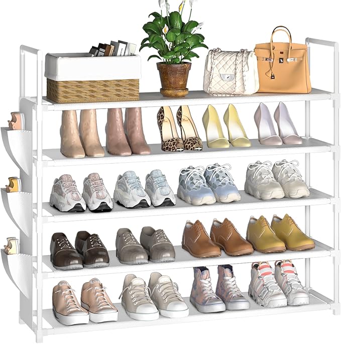 OYREL Shoe Rack 5 Tier 20-25 Pairs Shoes, Shoe Storage Organizer Large with Side Bag Space Saving for Closet, Entryway, Garage, Bedroom Non-Woven Shoe Rack Shelf White