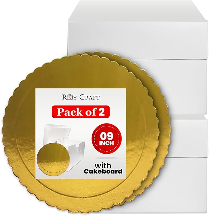 Cake Box 9 Inch Pack of 2 – Includes 2 White Cake Boxes with Removable Lids and 2 Golden Cake Boards – Strong Cardboard Cake Packaging for Cakes, Pies, Muffins, Donuts – Dust & Moisture Resistant