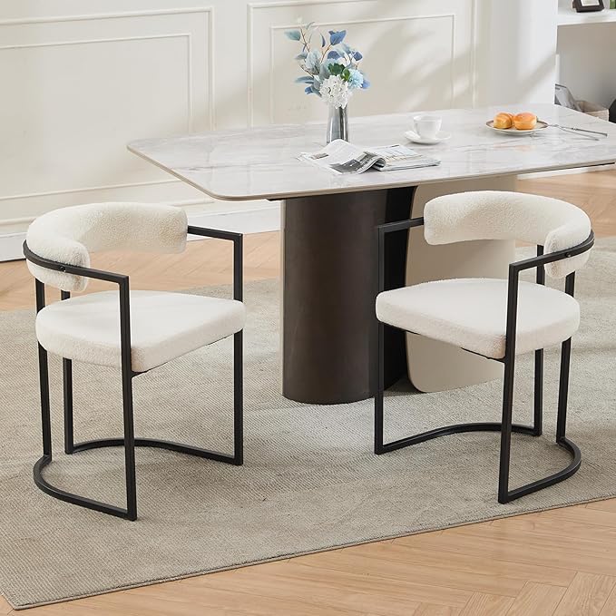 Faux Fur Dining Chairs Set of 2 Comfort Padded Modern Kitchen Chairs with Metal Base for Dining Room/Restaurant, White