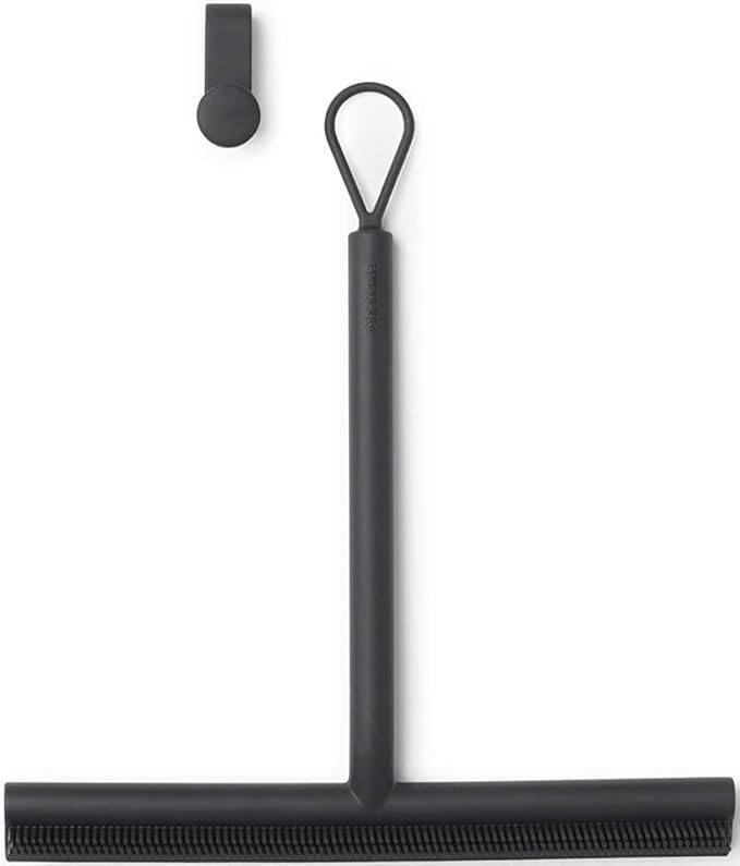 Brabantia Silicone Shower Squeegee with Hook (Dark Grey) Anti Streak Cleaning Wiper for Bathroom Glass, Plastic, Tile - Doublesided Brush & Rim Design