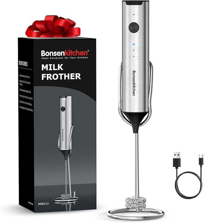 Bonsenkitchen Milk Frother Handheld with Stainless Steel Stand, Rechargeable Coffee Whisk with Dual-Layer Frother Head，3-Speed Electric Foam Maker for Latte, Cappuccino, Hot Chocolate, Matcha