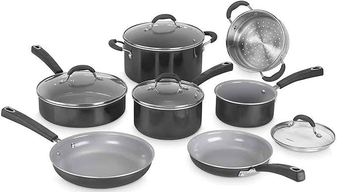 Cuisinart Ceramica XT Non-Stick Cookware Set 11-piece: Saucepans, Frypans, Stockpot, Sauté Pan, Steamer | Titanium-reinforced ceramic interior, PTFE, PFOA & PFAS-free Silicone Cool Grips,Black Ceramic