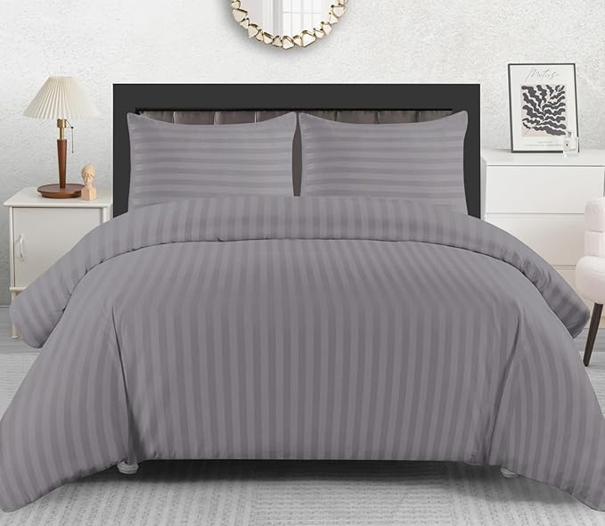 Lazzaro Satin Stripe King Size Duvet Cover Sets - Premium Hotel Quality Quilt Cover King Size Bedding Set 3 Pcs - Ultra Soft Hypoallergenic Kingsize Duvet Cover Sets With Zipper Closure