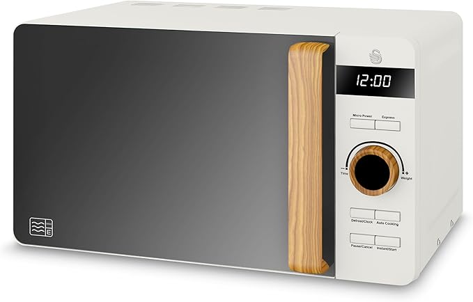 Swan SM22036LWHTN Nordic LED Digital Microwave with Glass Turntable, 6 Power Levels & Defrost Setting, 20L, 800W, White