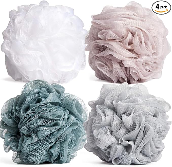 Zuvo Loofah Bath Sponge (Pack of 4) – Soft & Durable Shower Puffs for Deep Exfoliation – Unisex Body Scrubber, Eco-Friendly and Skin-Safe, Assorted Colours