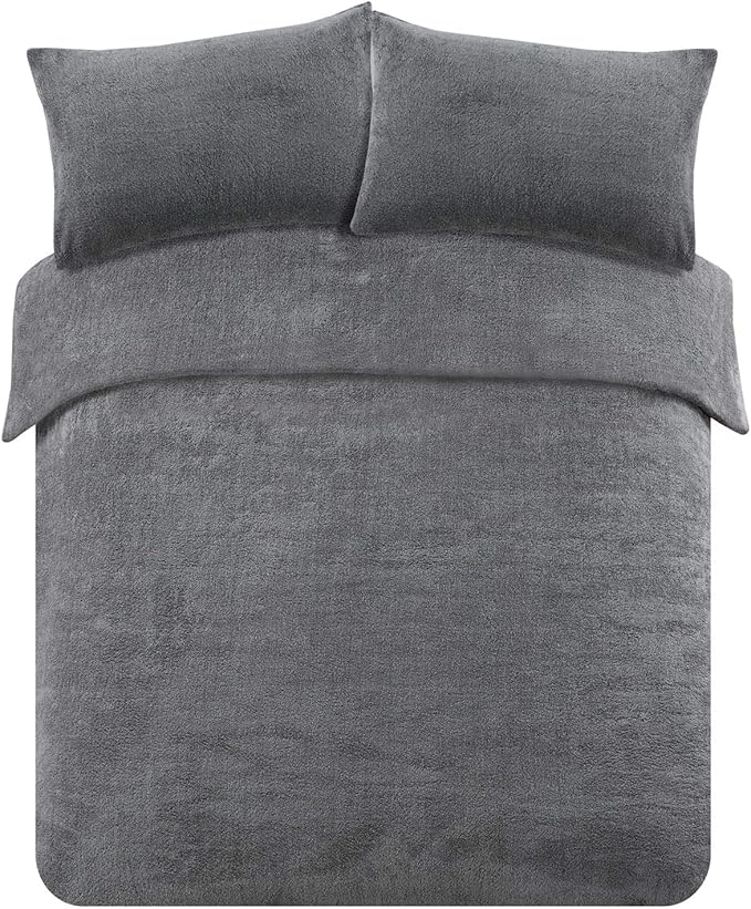 Brentfords Grey Teddy Fleece Single Duvet Set, Grey Single Bed Duvet Cover Set with Pillowcases Thermal Bedding Single Duvet Cover Ultra Soft Warm Fluffy