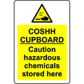 COSHH cupboard caution hazardous chemicals stored here safety sign - Self adhesive sticker - 100mm x 150mm