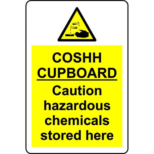 COSHH cupboard caution hazardous chemicals stored here safety sign - Self adhesive sticker - 100mm x 150mm